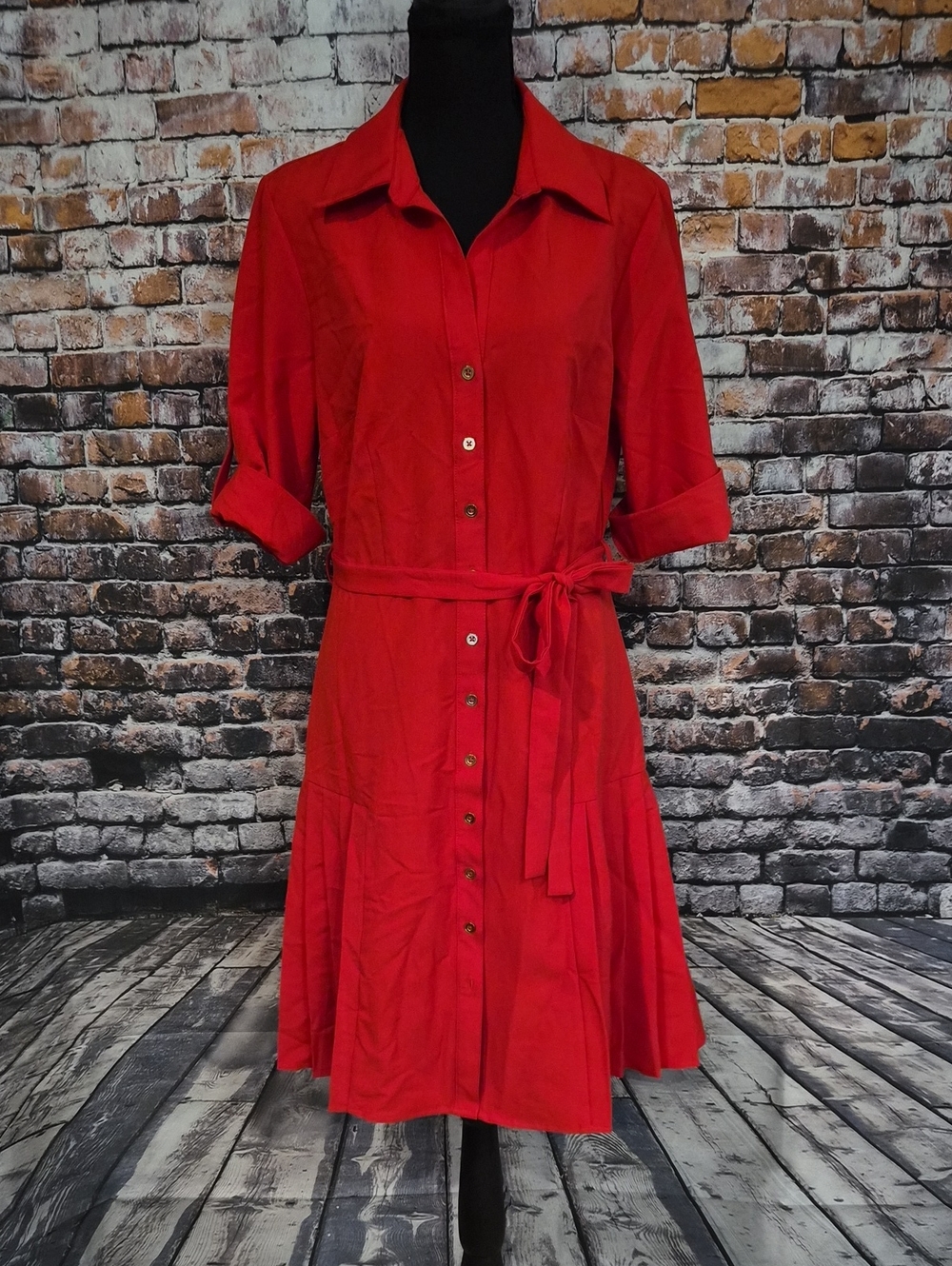 Sharagano Red Button-Front Shirt Midi Dress with Waist Tie